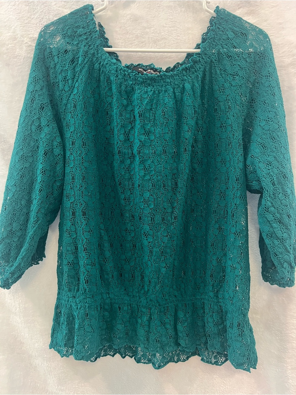 Sharagano Teal Crochet Lace Peasant Blouse